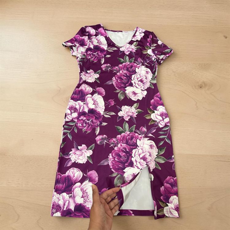 Purple Floral V-Neck Dress With Slit 7